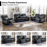 Power Recliner Sofa Set 3 Piece with Bass Speakers for Living Room,Faux Leather 3 Seater Reclining Couch with Wireless Charger and Loveseat Theater Seating,Electric Recliner Chair with LED Light,Black Comfort Stretch