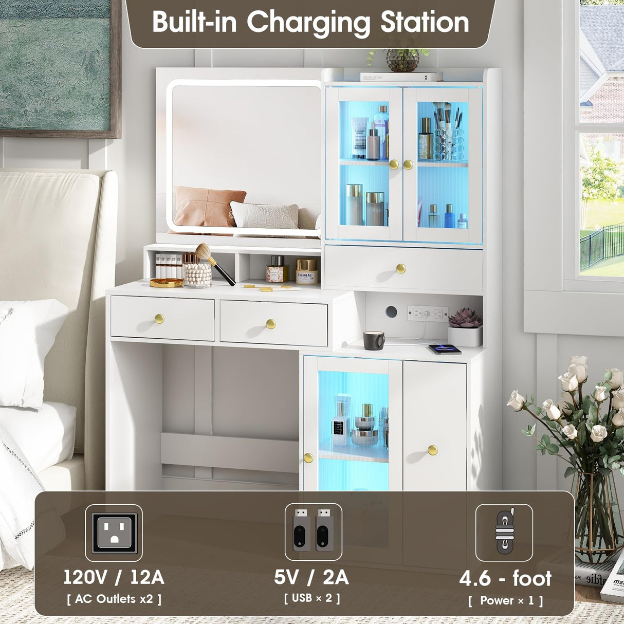 Fameill Makeup Vanity Desk with Mirror and Lights, White Makeup Vanity with 4 Drawers and Charging Station, Vanity Table with RGB Cabinet, Dressing Table for Bedroom Fameill
