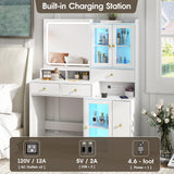 Fameill Makeup Vanity Desk with Mirror and Lights, White Makeup Vanity with 4 Drawers and Charging Station, Vanity Table with RGB Cabinet, Dressing Table for Bedroom Fameill