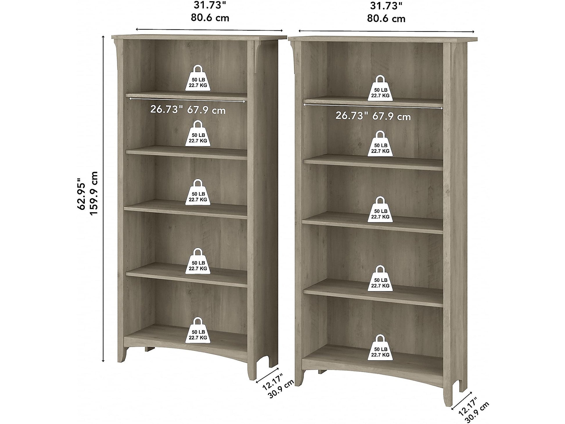 Bush Furniture Salinas 5 Shelf Tall Bookcase Set of 2 - Driftwood Gray - WoodArtSupply