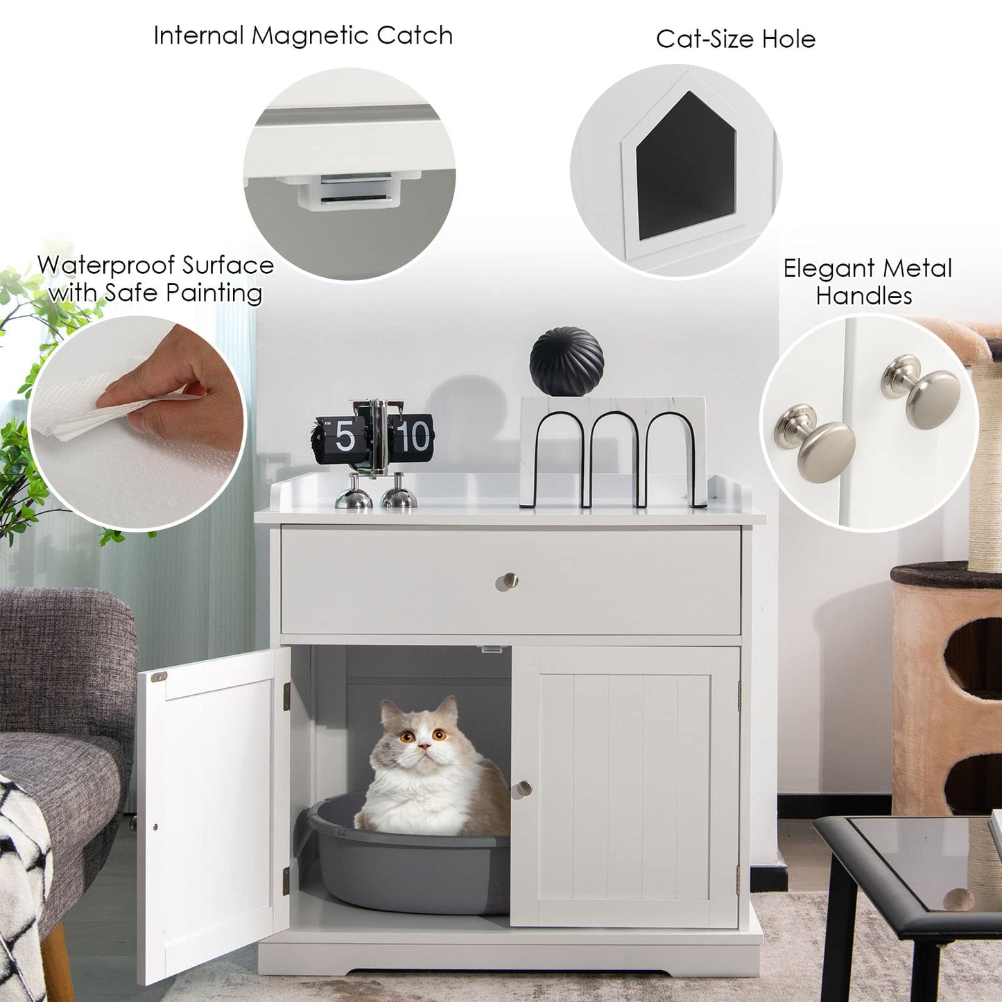 PETSITE Cat Litter Box Enclosure, Large Cat Washroom End Table with Drawer & 2 Doors, Wooden Cat House Storage Cabinet, Hidden Litter Box Furniture, White