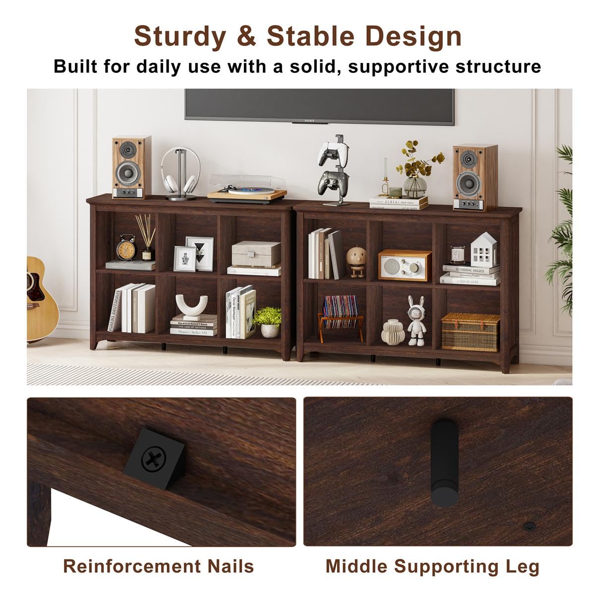 BON AUGURE 6 Cube Storage Bookcase, 43" Wide Horizontal Wooden Bookshelf, Floor Standing Low Book Shelf with Curved Edge for Living Room, Office - Brown Cherry BON AUGURE