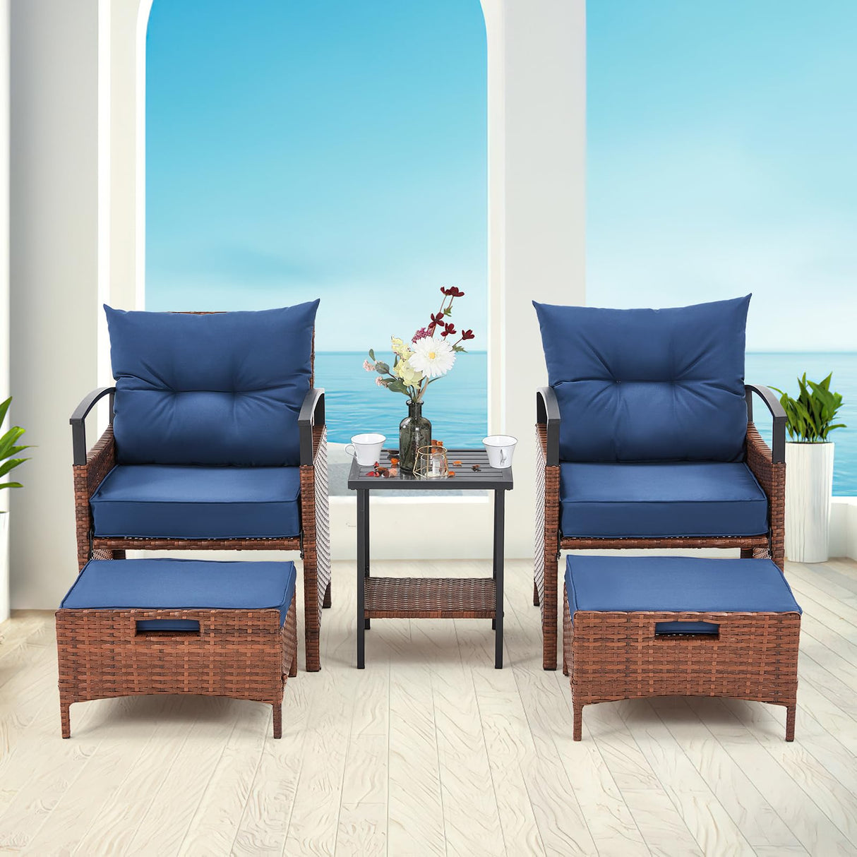 AVAWING 5 PCS Outdoor Rattan Furniture Set, Wicker Conversation Sets W/Metal Coffee Table and Soft Cushions, Patio Chairs with Ottomans for Garden, Porch, Balcony and Deck (Blue) AVAWING