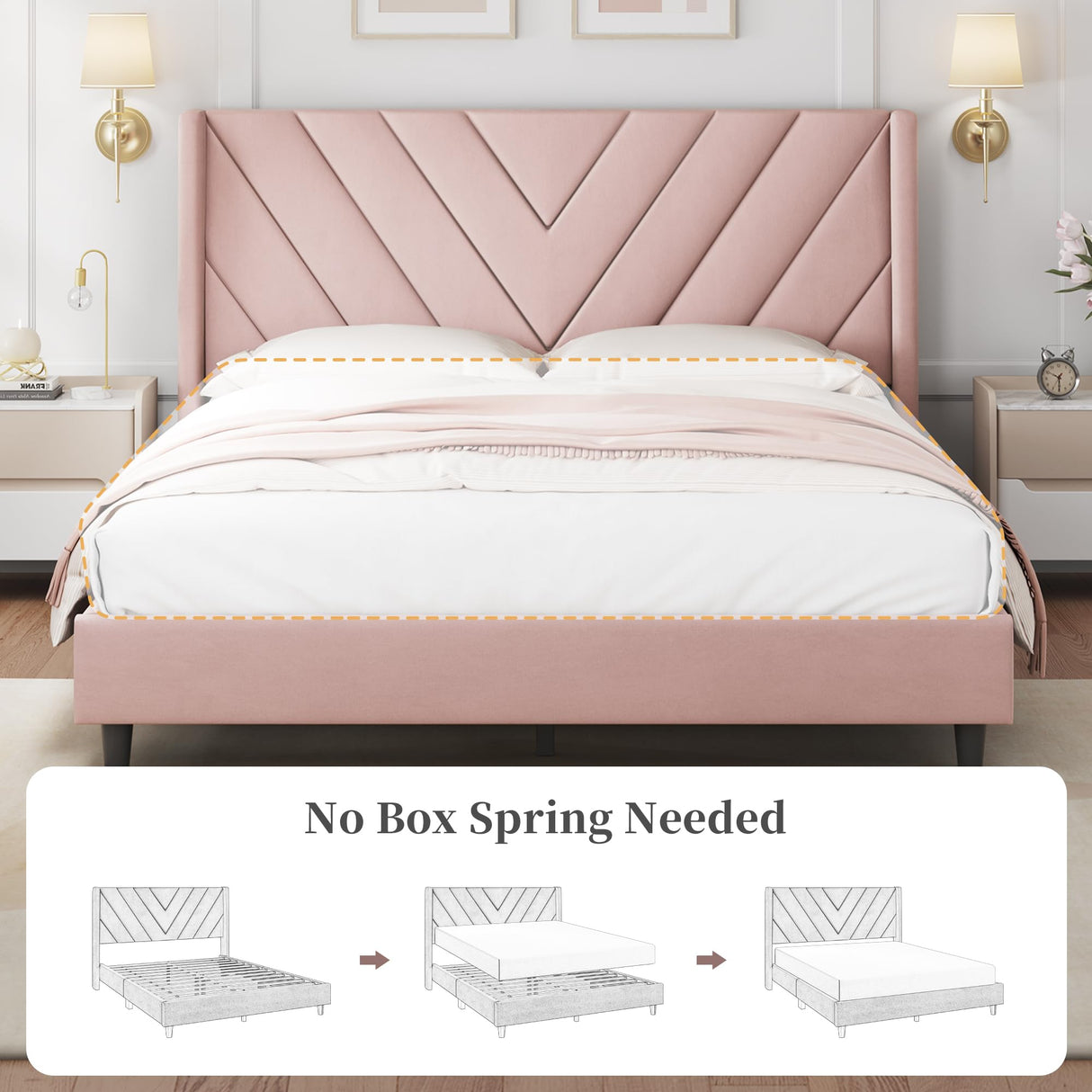 Yaheetech Queen Bed Frame Upholstered Platform Bed with Wing Side/Wooden Slat Support/Tufted Headboard with Wing Side/Mattress Foundation/No Box Spring Needed,Pink Queen Bed Yaheetech
