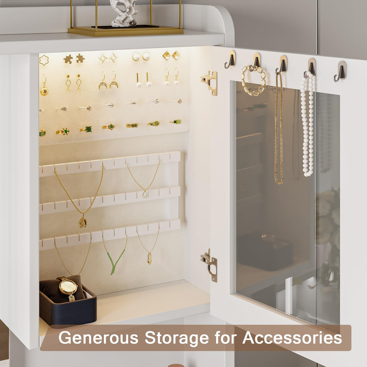 Einhomn Makeup Vanity Desk with Mirror & LED Lights, Large Glass Top Vanity Table with 7 Drawers & 3 Cabinets, Modern Dressing Table with Charging Station & RGB Lights for Bedroom, White Einhomn