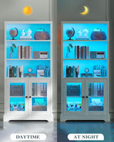 TVU 5-Tier Bookcase with Cabinet & LED, Wood 65 Inch Tall Bookshelf with Storage, Floor Standing Display Book Shelf for Living Room, Office, Study, Entryway (Antique White) TVU