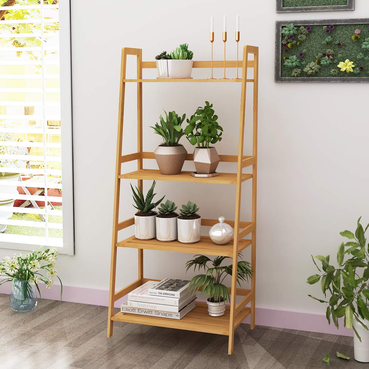 SogesHome Bamboo 4 Tier Bookcase, Multi-Functional Book Shelf Storage Rack, Plants Stand Display Shelf, Natural Color