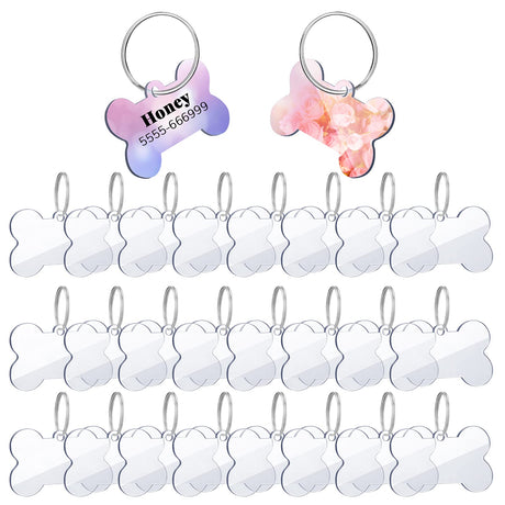 24 Pieces Blank Acrylic Dog Tag Bone-Shaped Acrylic Dog ID Tags with 24 Pieces Key Chain Rings for DIY Dogs and Cats Pet Name Number Tags Crafts Decorations, 1.49 x 1 Inch Yookeer
