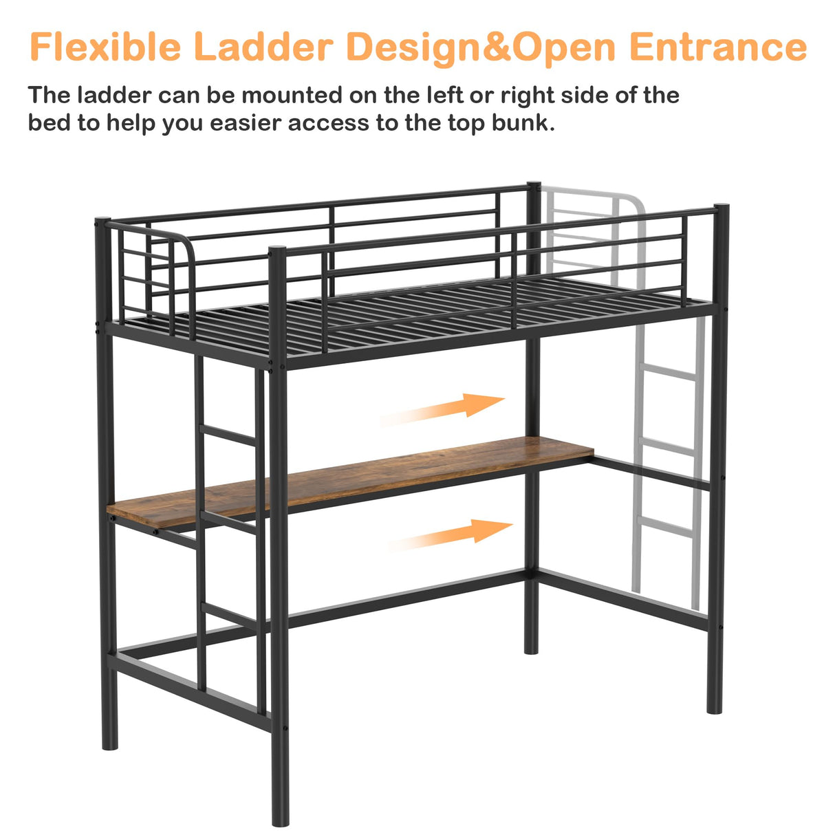 VECELO Loft Bed Twin Size with Desk, Metal Bedframe with Removable Ladder and Safety Guardrail, No Box Spring Needed, Space Saving, Noise Free, Dark Black VECELO