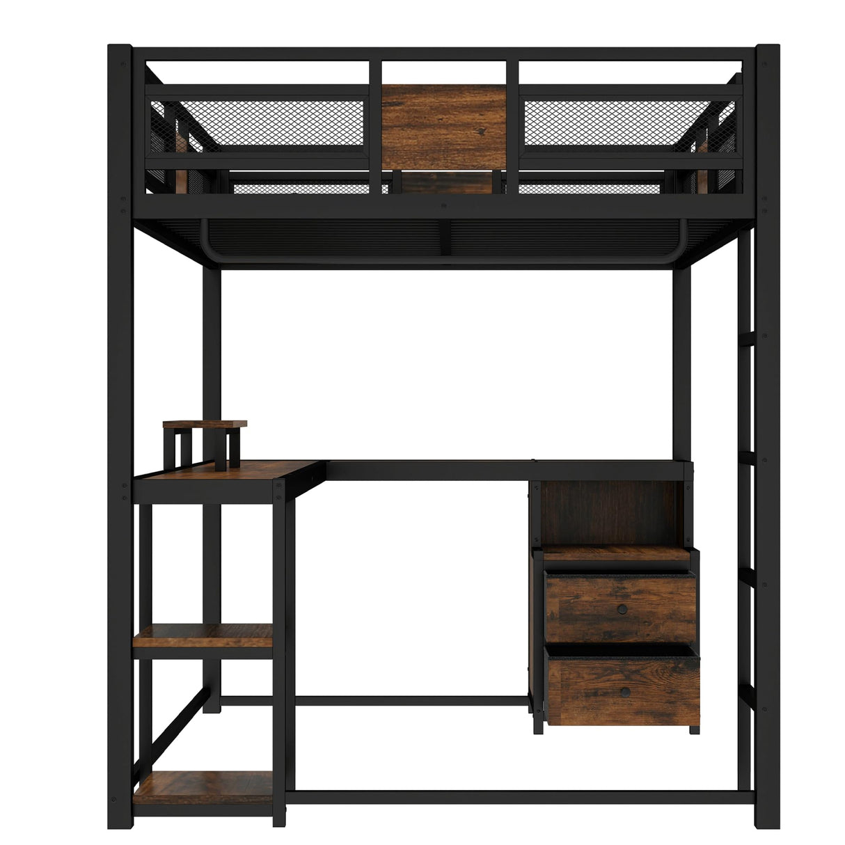 Bellemave Queen Loft Bed with Desk and Fabric Drawer, Metal Queen Loft Bed Frame with guardrail and Ladder for Adults, Kids, Teens, Black Bellemave