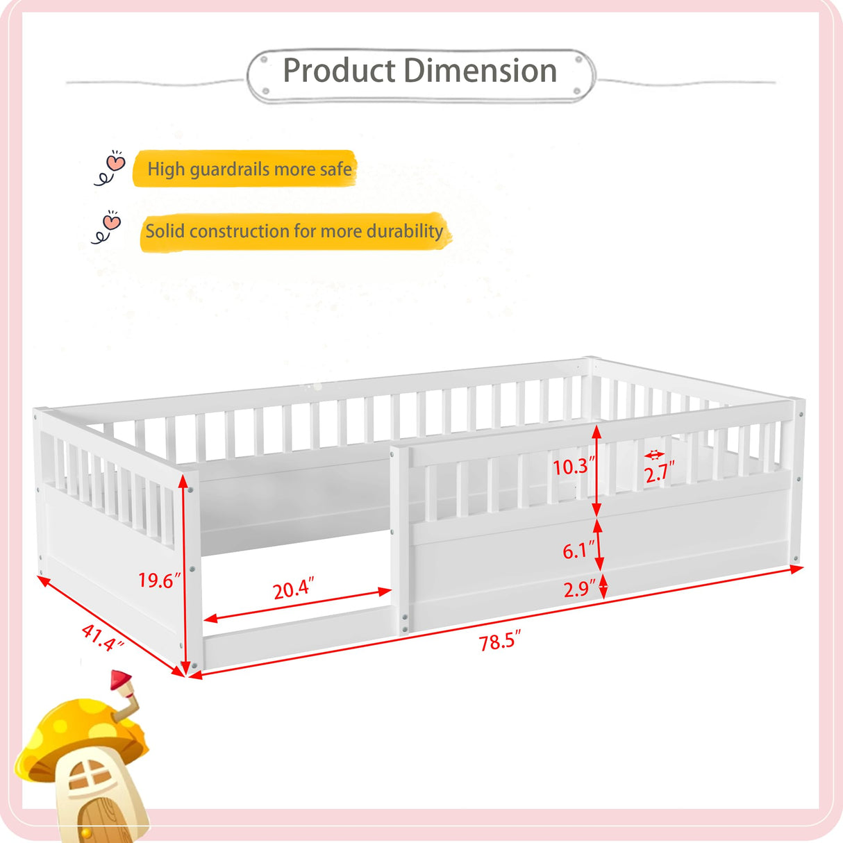 Floor Bed for Kids, Twin Size Montessori Bed with High Fence Railings, Wood Playhouse Bed with Rails for Baby Boys Girls Teens, No Slats Included, White Mirightone