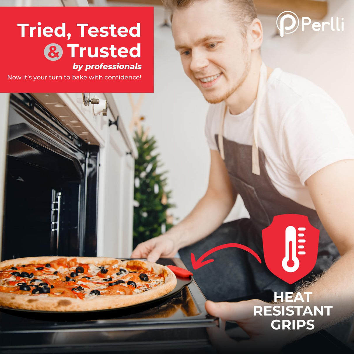 PERLLI Non-Stick 10-Piece Baking Pan Set, BPA-Free Carbon Steel Bakeware Set with Silicone Handles, Stackable Kitchen Oven Set, Cookie Sheet, Baking Tray, Baking Sheet Set, Oven Safe (446°F) PERLLI