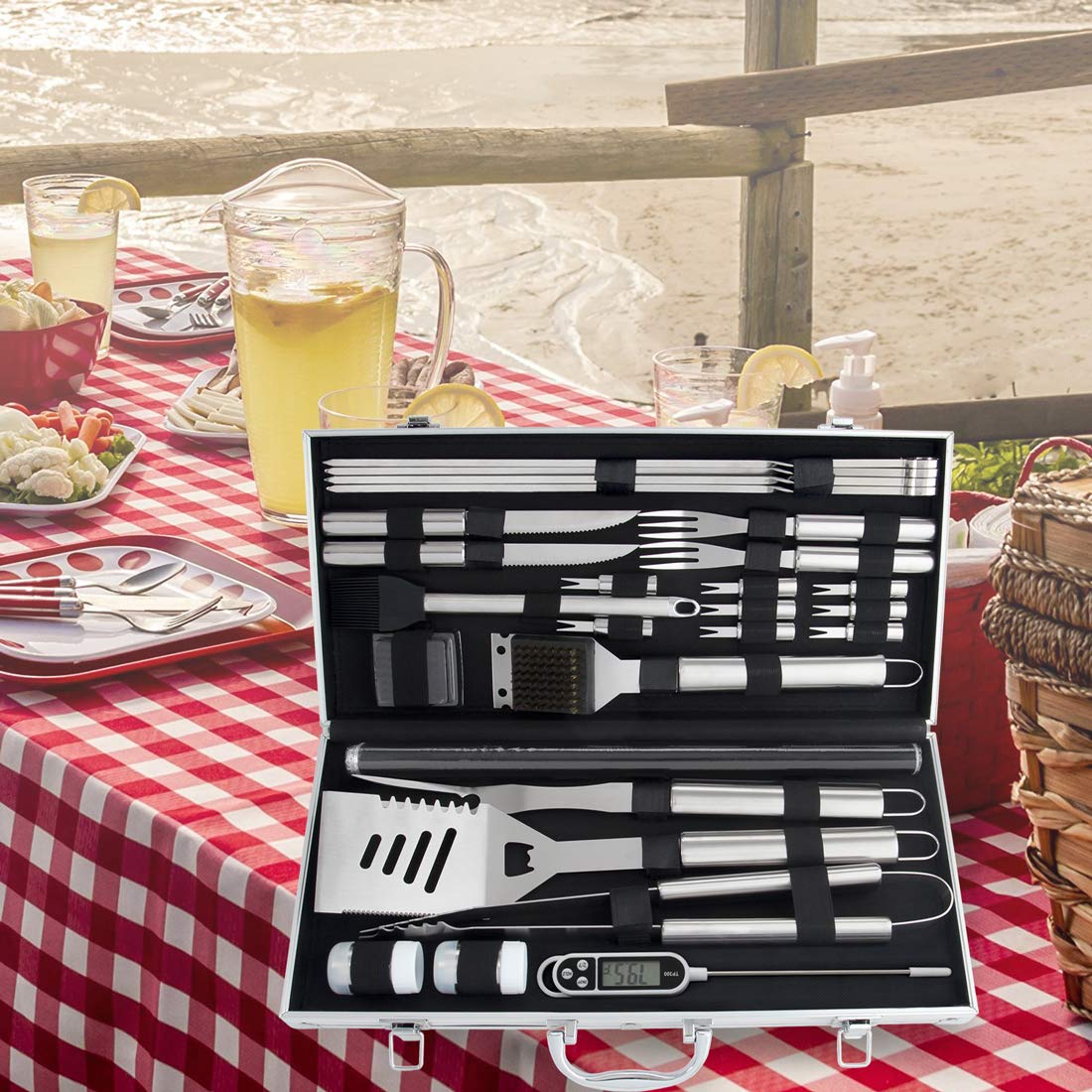 ROMANTICIST 28pc BBQ Accessories Set with Thermometer - The Very Best Grill Gift on Birthday Wedding - Heavy Duty Stainless Steel Grill Set in Case for Outdoor Cooking Camping Grilling Smoking ROMANTICIST