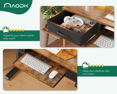 AODK Electric Standing Desk with 2 Drawers & Keyboard Tray and USB & LED Lights, 55inch Rustic Brown, Height Adjustable Desk with Power Outlets & LED Lights, Stand Up Desk with Monitor Shelf AODK