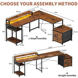 OtterOasis 66" L Shaped Desk with Drawer, 113" 2 Person Desk with Printer Stand, Large Convertible L Shape Gaming Desk with Power Outlet, Computer Desk with Led Light for Home Office, Rustic Brown OtterOasis