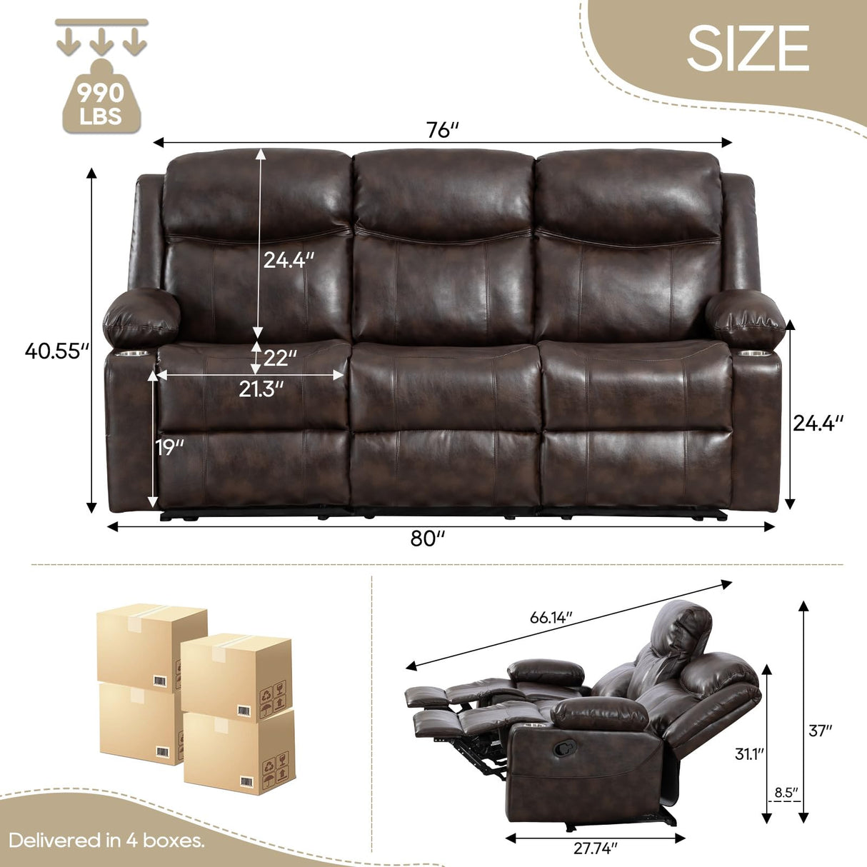 PALLOME Manual Reclining Sofa - 3 Seat Recliner Sofa with Heat & Massage Function, Wall-Hugger Reclining Sofa for Living Room (Brown) PALLOME