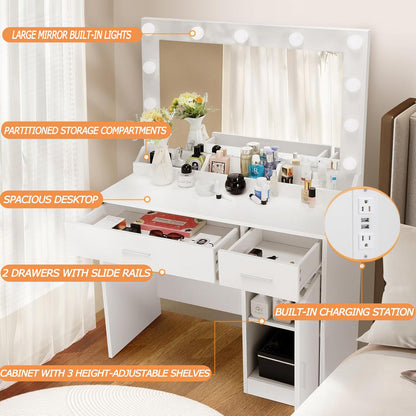 Likein White Vanity with Lighted Mirror - Small Vanity Desk with Mirror and Lights, Makeup Vanity Desk with Lights, Modern Dressing Table with Charging Station 2 Drawers & Cabinet for Girls Women