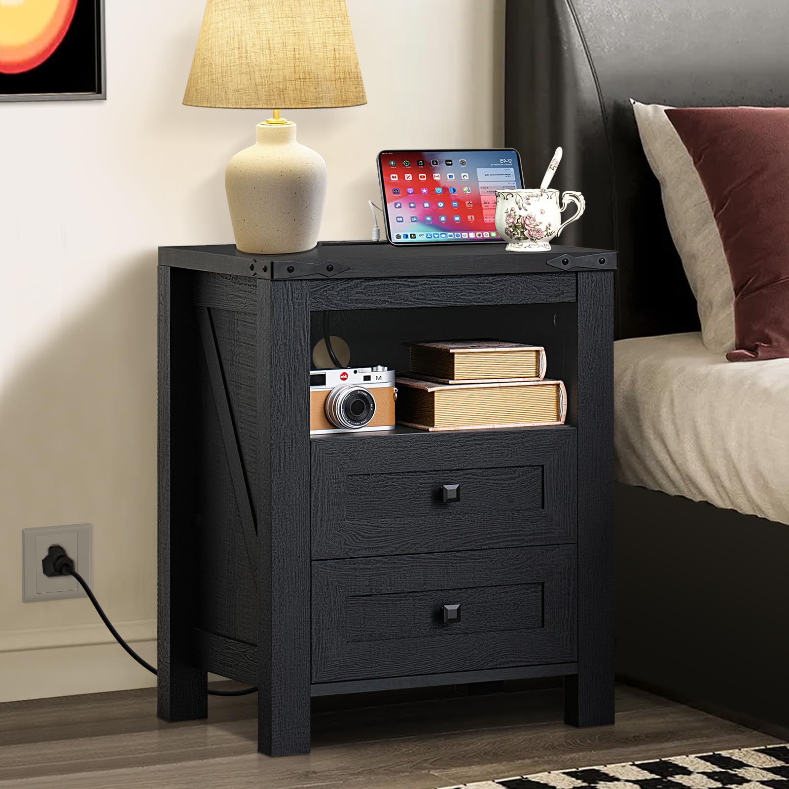 Joaxswe Nightstand with Charging Station and USB Port, Farmhouse Night Stand with 2 Drawers and Shelf Storage, Wooden Side End Table, Bedside Cabinet for Bedroom, Living Room, Closet,Office ( - WoodArtSupply