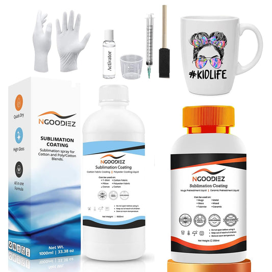 NGOODIEZ Sublimation Printing Bundle - 1000ml Quick Dry and Washable Sublimation Spray for All Garments + 250ml High Gloss Finish, Super Adhesive and Waterproof Sublimation Coating for Mugs