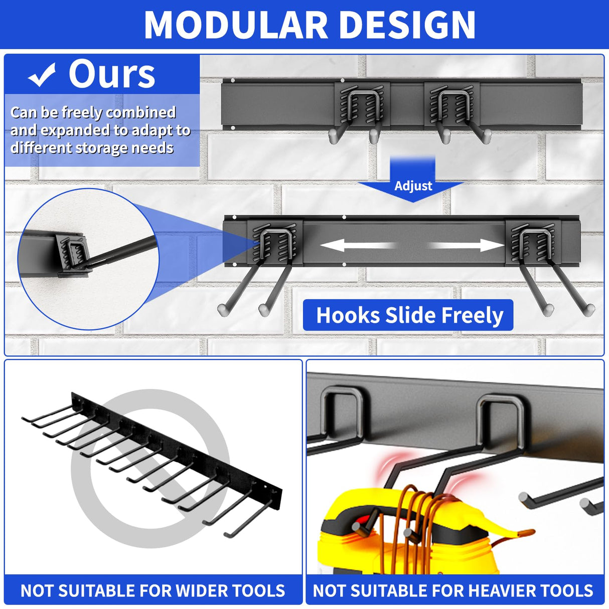 CRXCRC Garage Tool Organizer Wall Mount, 48inch Heavy Duty Garden Tool organizer Storage System, Easy Install With 6 Adjustable Straight Hooks, For Garage, Basement, Shed, Workshop(Black) CRXCRC