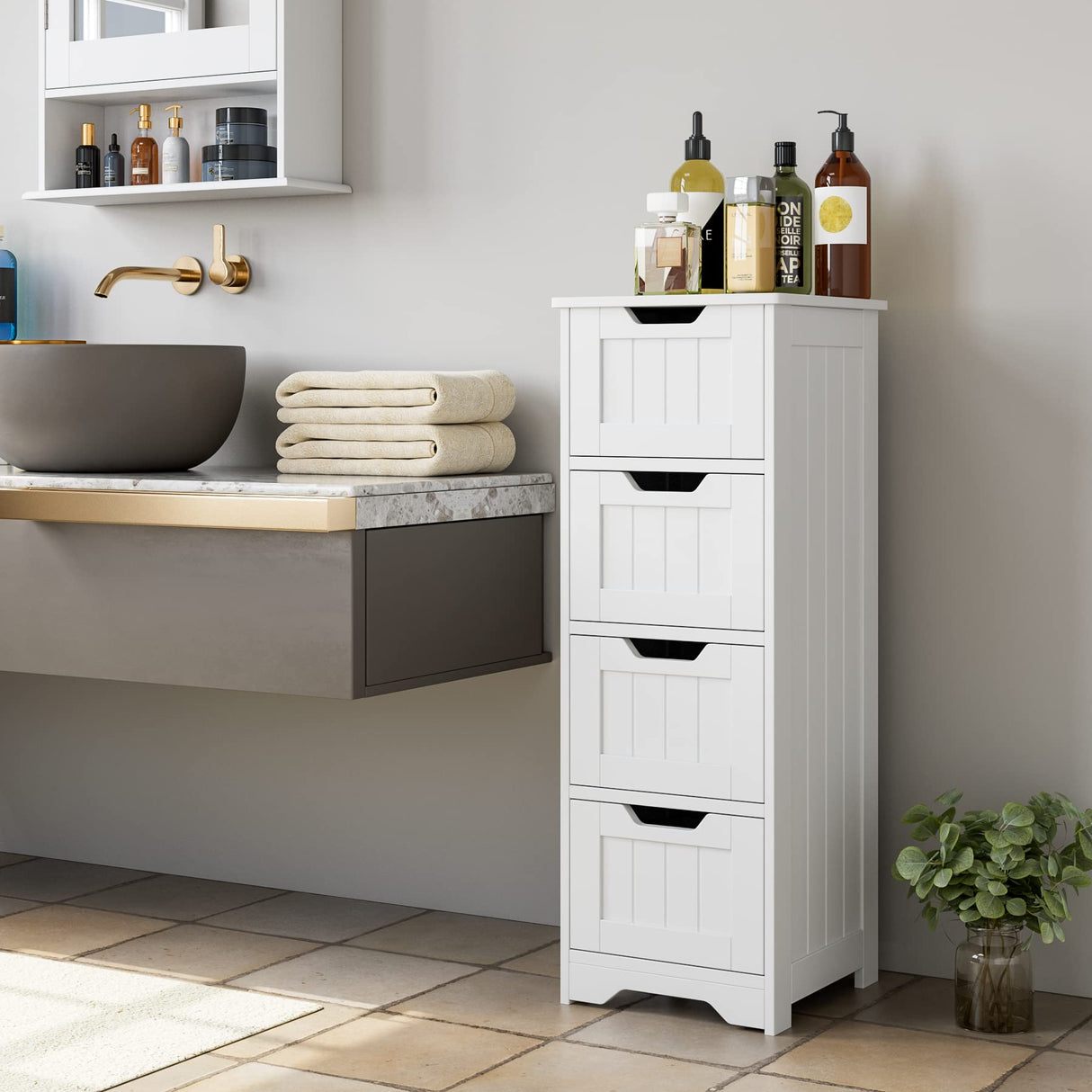 FOTOSOK Freestanding Bathroom Storage Cabinet with 4 Drawers - Compact White Organiser for Home Decor FOTOSOK