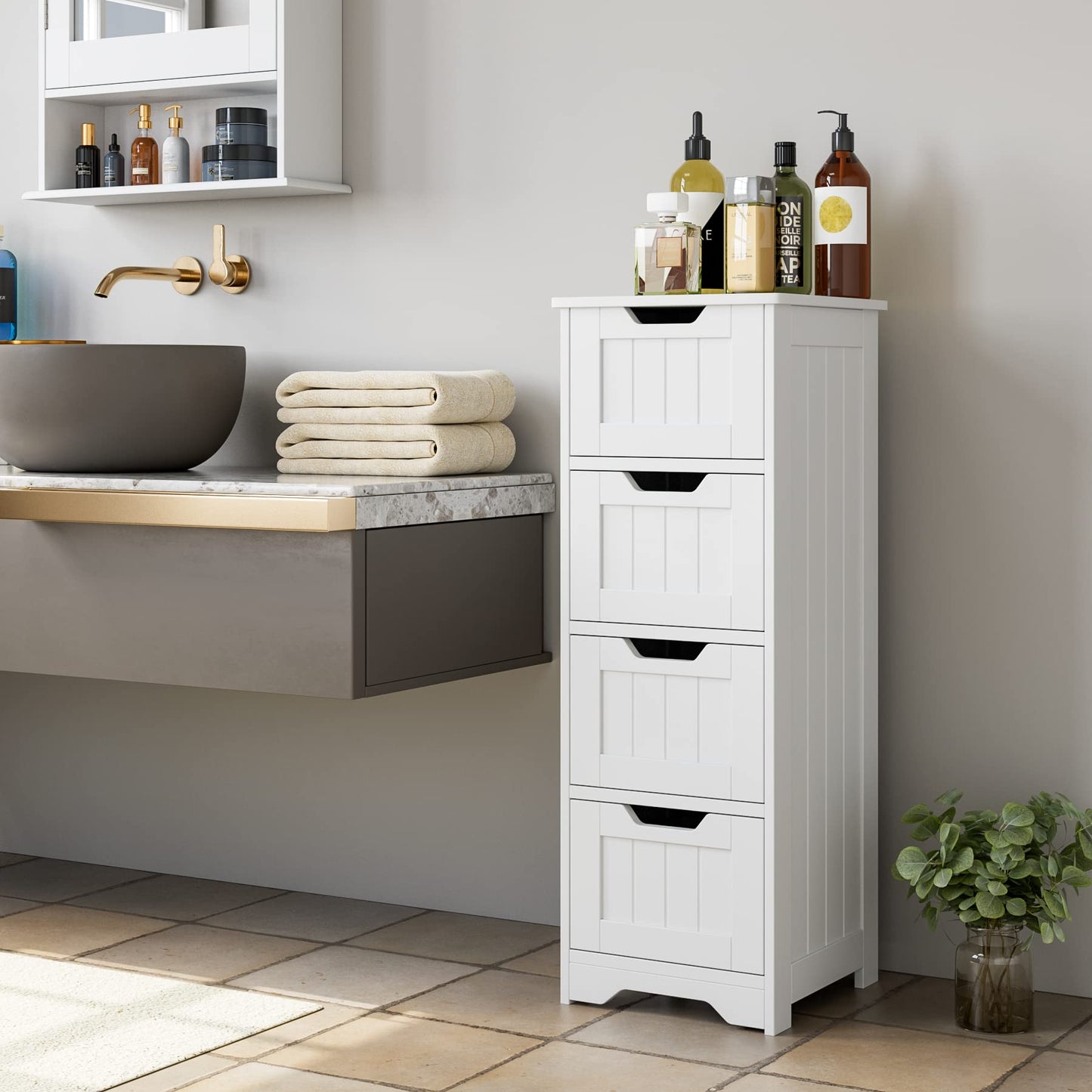 FOTOSOK Bathroom Storage Cabinet, Side Cabinet with 4 Drawers, 11.8” x 11.8” x 32.5” Freestanding Bathroom Cabinet Entryway Cupboard Storage Organizer Unit Home Furniture Decor, White