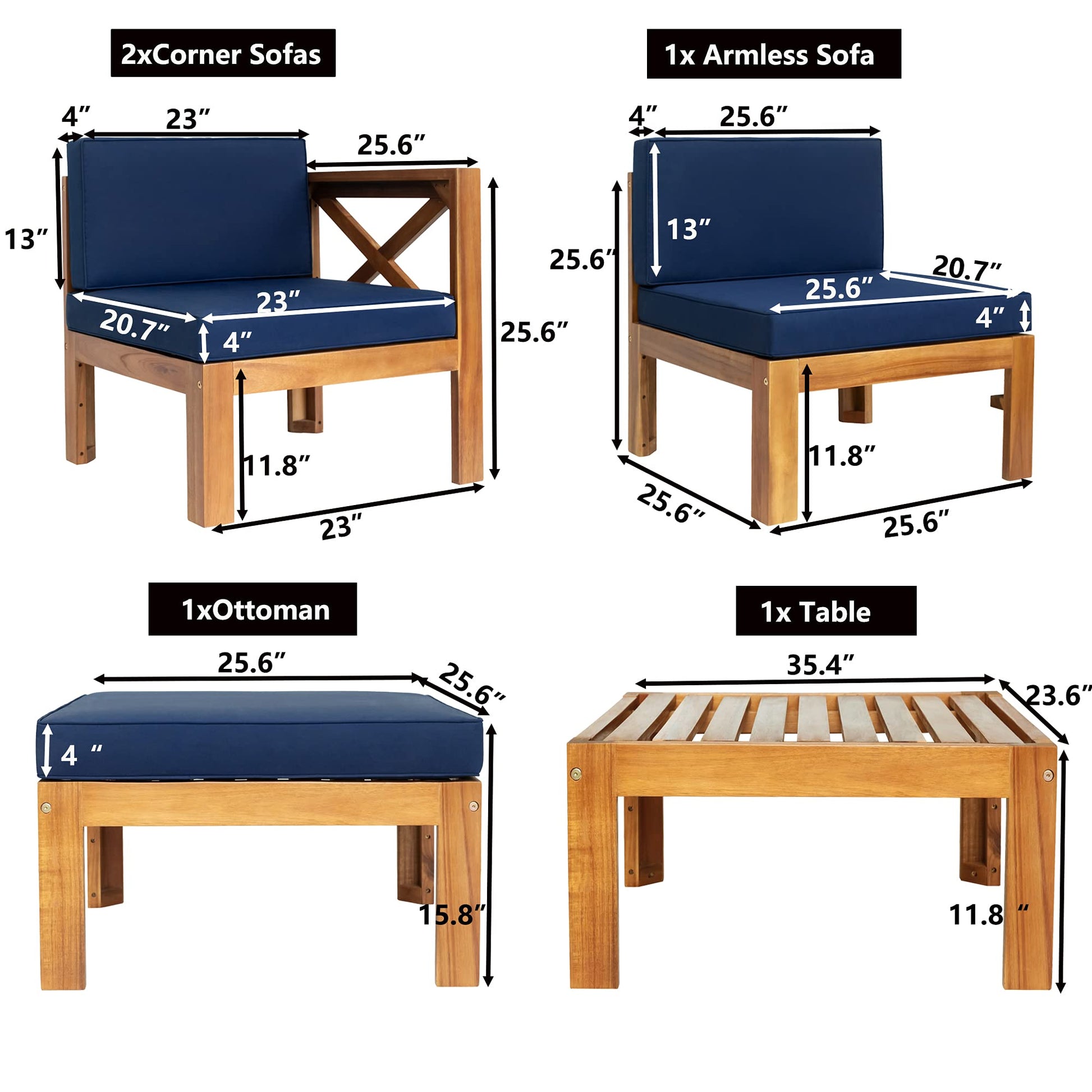 YSWH 5-Piece Patio Acacia Wood Outdoor Sectional Furniture Conversation Sets with Slatted Tabletop Tea Table and X-Back Wood Frame, Removable Cushions - WoodArtSupply