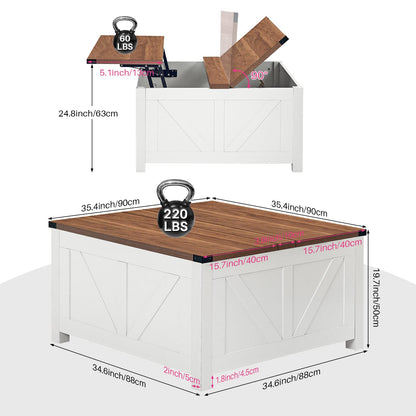 Redlife Farmhouse 35" Lift Top Coffee Table with Storage, Square Coffee Table with Charging Station, Hidden Storage Space and Hydraulic Gas Rod, Large Square Coffee Table for Living Room(Waln - WoodArtSupply