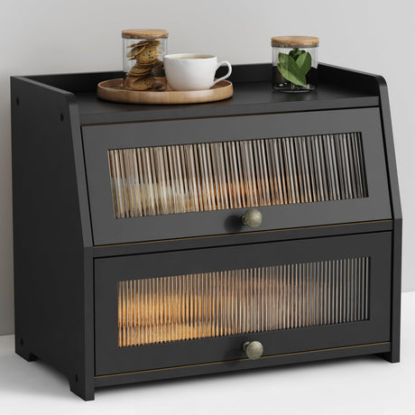 Goozii Large Bread Box for Kitchen Countertop, Black Bread Storage Container for Homemade Bread, Double Layer Farmhouse Breadbox Organizer for Kitchen Counter Cabinet, Pantry, Cupboard (Black) Goozii