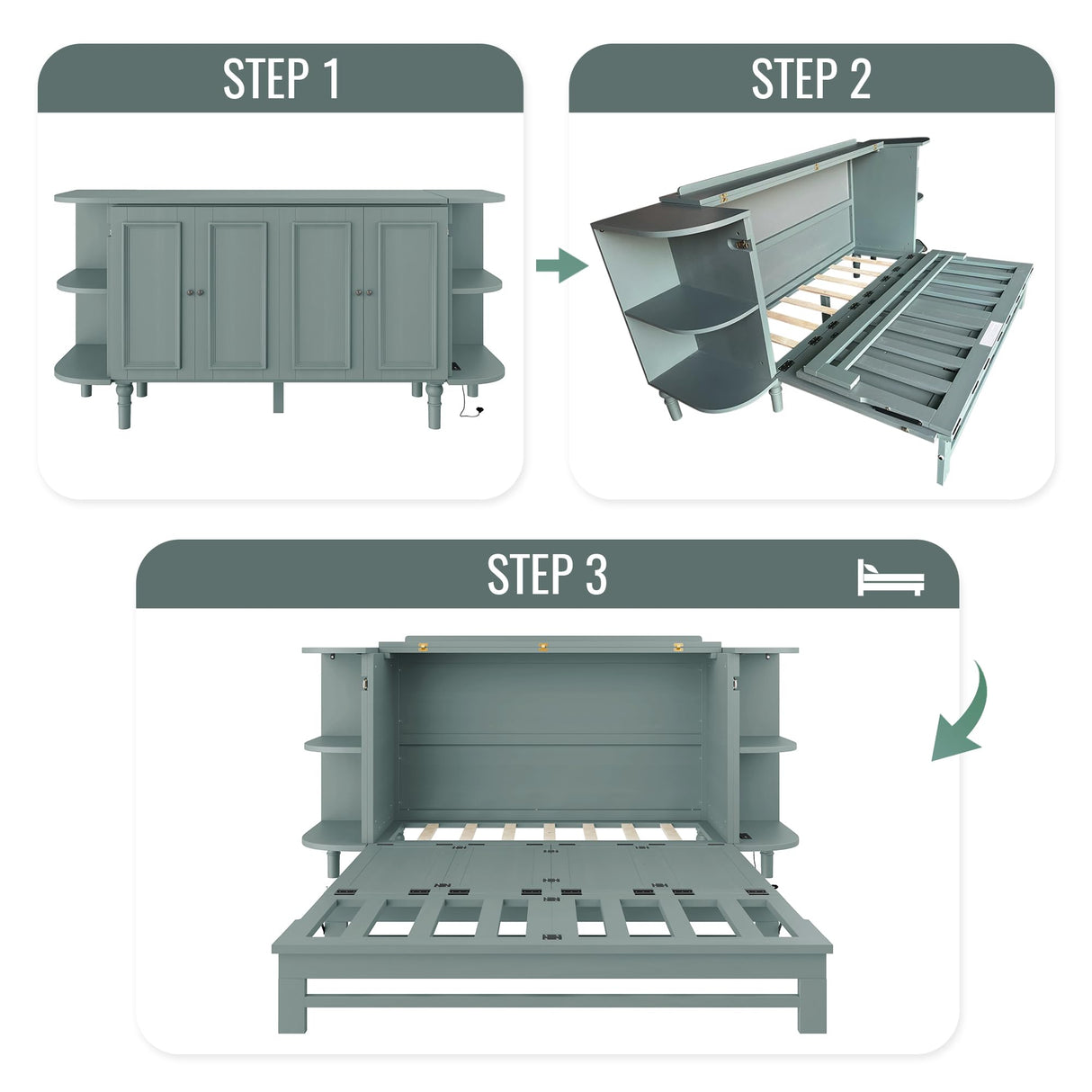 VilroCaz Farmhouse Queen Size Murphy Bed Chest Cube Cabinet Bed with Charging Station and 2 Open Shelves, Solid Wood Folding Platform Bed for Home Office Guest Room Small Room (Venus Teal, Queen) VilroCaz