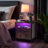 Tykacna 27 Inch Wide Night Stand, Wooden Night Stand with 2 Drawers, LED Nightstands with Charging Station and Adjustable Drawer for Living Room/Bedroom/Study/Office Nightstand, Retro Brown. Tykacna