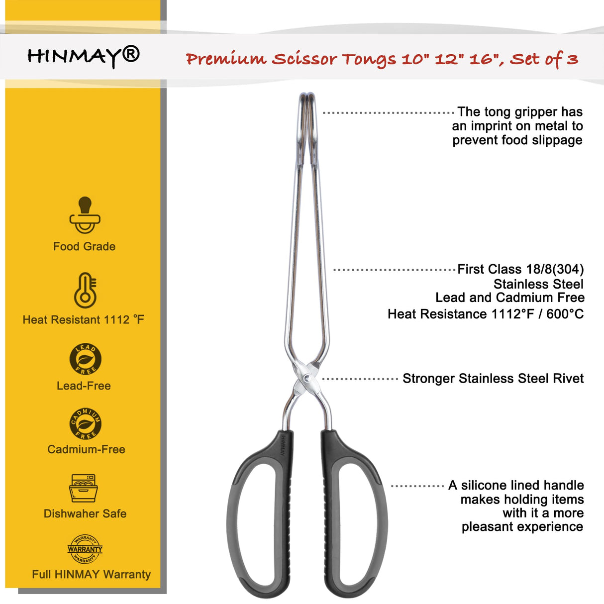 HINMAY Stainless Steel Scissor Tongs Cooking Tongs Set, Set of 3 (Black Handle, 10" 12" 16") HINMAY