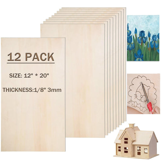 12 Pack Basswood Sheets 12"x20"x1/8" for Crafts - 3mm Unfinished Balsa Wood Plywood Crafts, Ideal for DIY, Drawing, Painting, Engraving, Staining, Model Carving, Wood Burning, and Laser Cutti - WoodArtSupply