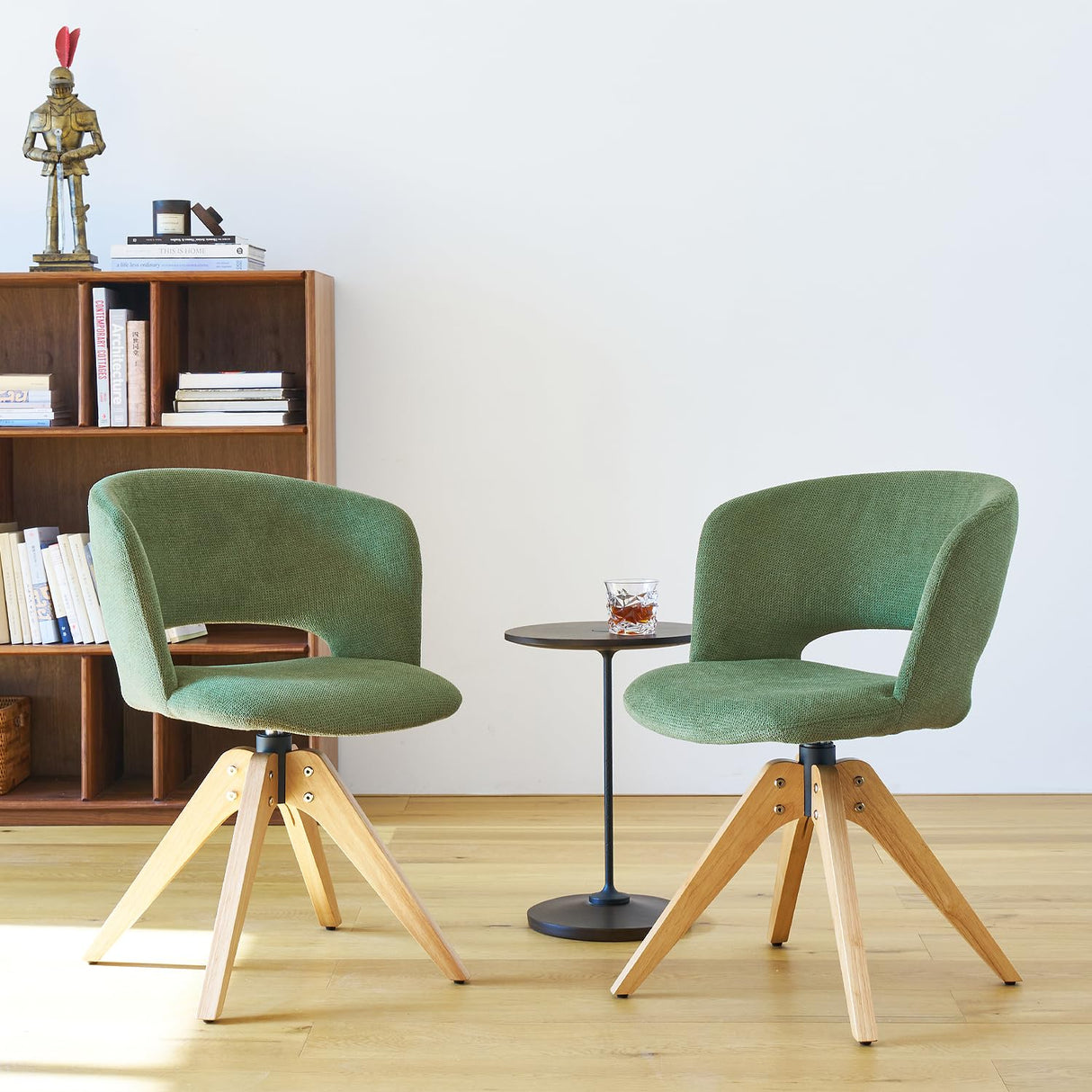 GrandNoor Mid Century Modern Swivel Accent Chair with Solid Wood Legs, Home Office Desk Chair No Wheels, Makeup Chair for Vanity, Upholstered Chair for Bedroom, Green GrandNoor