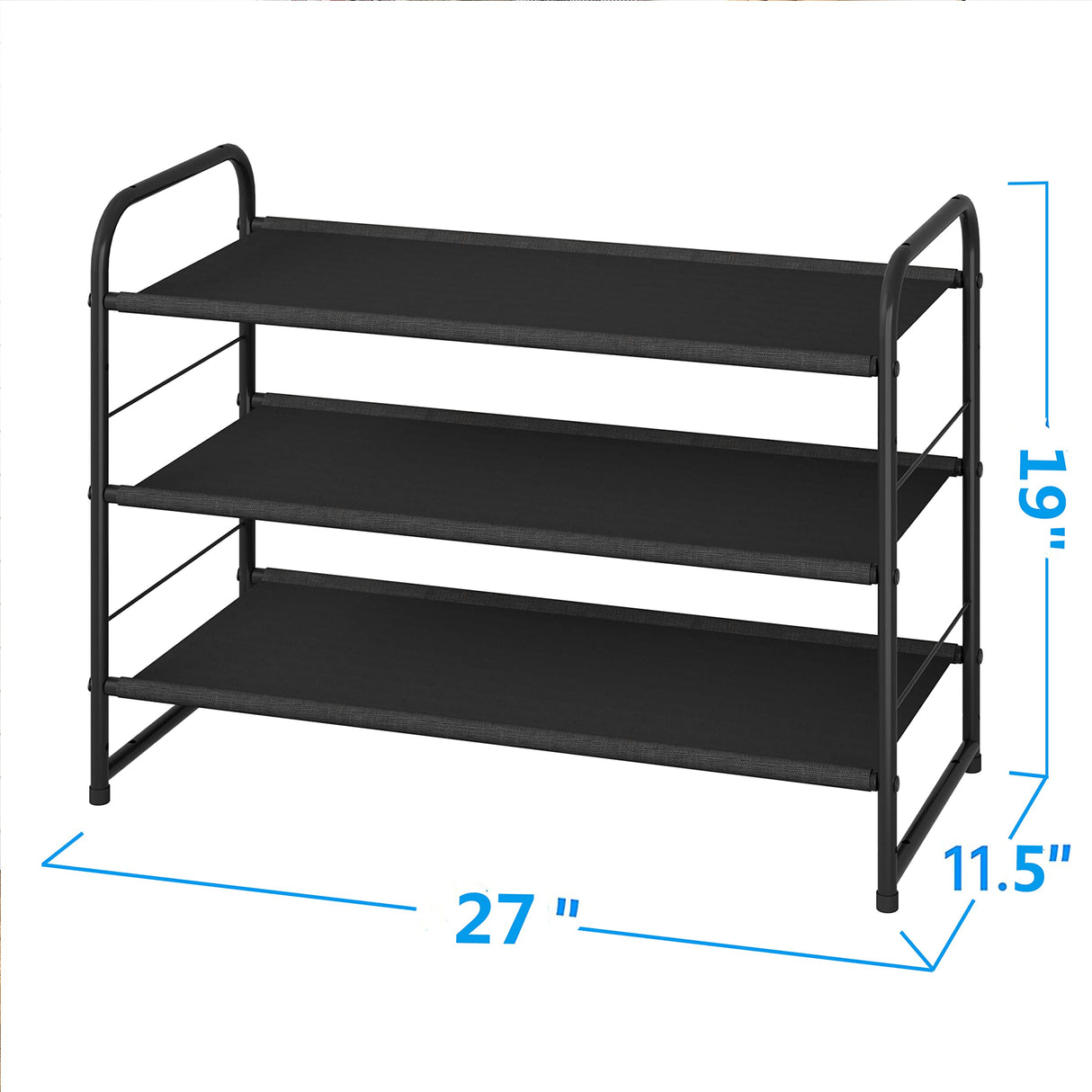 Simple Trending 3 Tier Stackable Shoe Rack, Expandable Adjustable Fabric Shoe Shelf Storage Organizer, Black Simple Trending