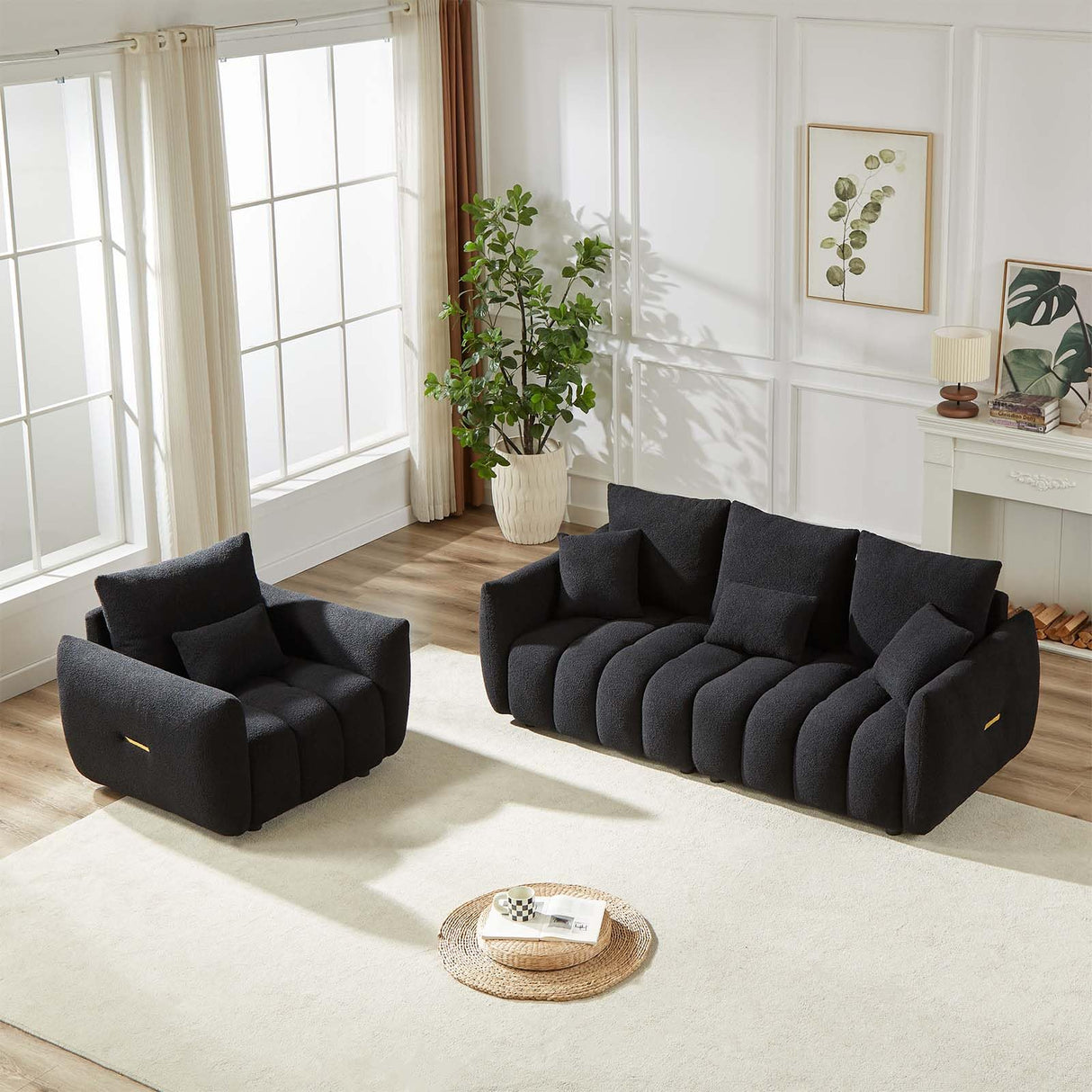 Antetek 82" Modern Sofa Couch, Comfy Deep Seat Teddy Cloud Sofa, Upholstered 3-Seater Boucle Couch, Oversized Loveseat for Living Room, Bedroom, Office, Apartment, Black Antetek