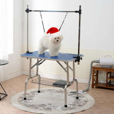 EPIKOIB Pet Dog Grooming Table, Foldable Stainless Steel Pet Drying Grooming Table Up to 330lbs, Professional Bathing Desk for Dogs at Home with Adjustable Overhead Arms, Noose, Mesh Tray, 36''/Blue
