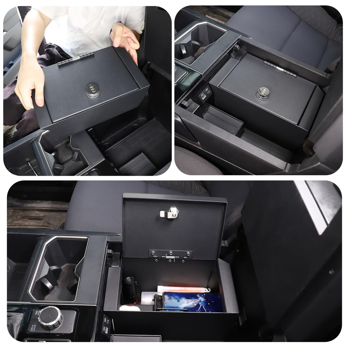 Car Center Console Safe Box Compatible with Toyot@ Tundra 2022-2025，Center Console Armrest Safe Lock Box Armrest Gun Security Organizer Tray with 3-Position Combination Lock and Key (black) HAPPYHORSE