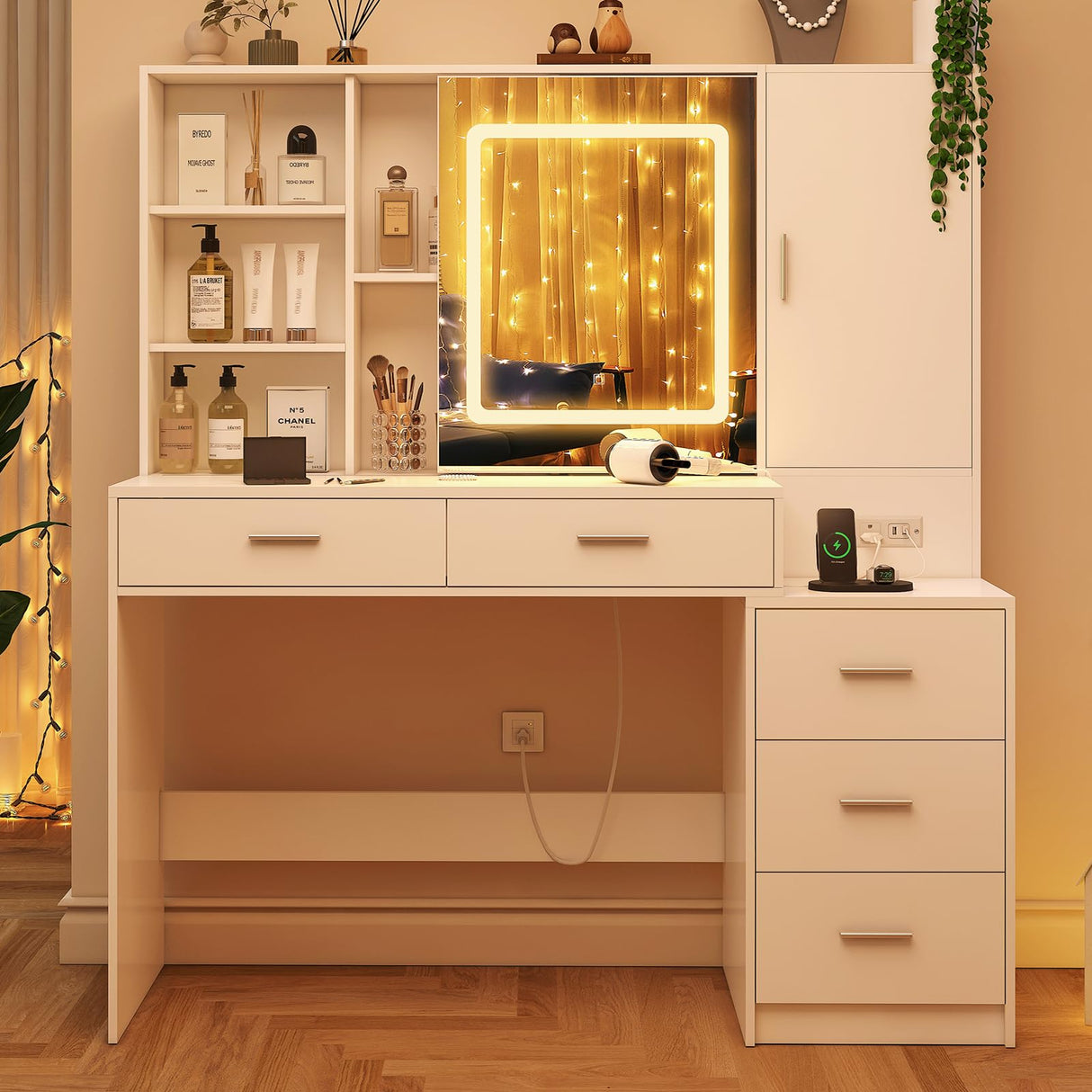 Quimoo 47" Vanity Desk with Sliding Lighted Mirror and Power Outlet, Makeup Vanity Desk with 5 Drawers and Cabinet, Hidden and Open Shelves, Vanity Table Set with 3 Color Lighting (White) Quimoo