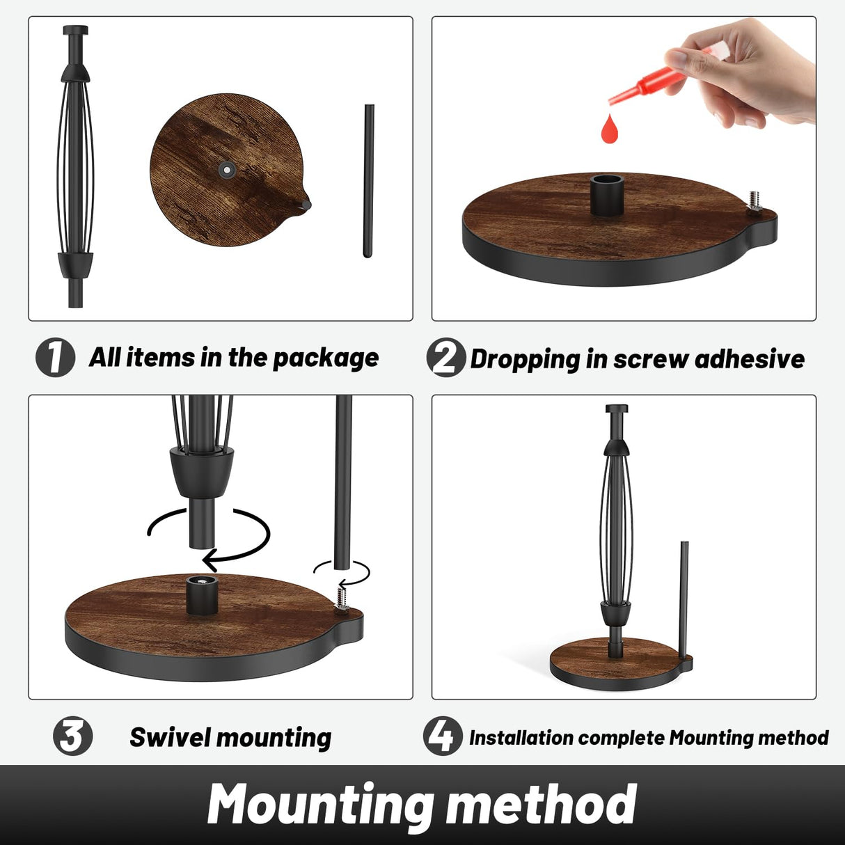 VEHHE Paper Towel Holder Countertop, One-Handed Tearing Wood Paper Towel Holder Farmhouse with Ratchet System and Suction Cups, Stainless Steel Paper Towel Holders for Bathroom and Kitchen VEHHE