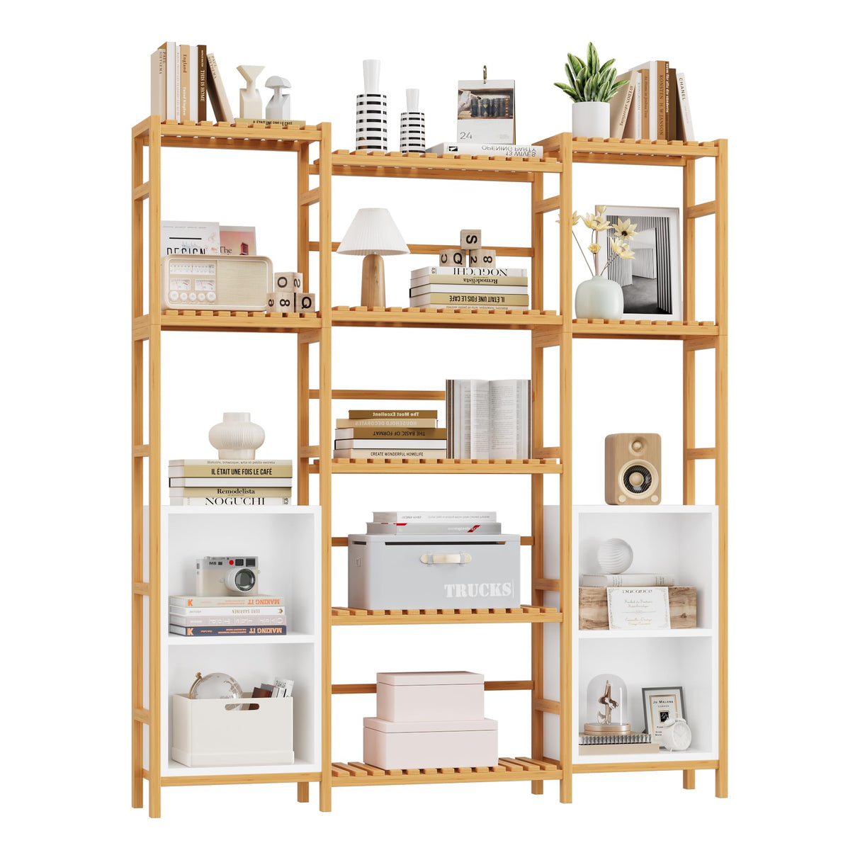 FOTOSOK Bamboo Shelf Bookcase, Triple Wide Bookshelf with 4 Cubes & 9 Shelves, Large Bookshelf with Storage, Plant Shelf Bathroom Shelf Pantry Shelf Standing Organizer Unit, Natural FOTOSOK