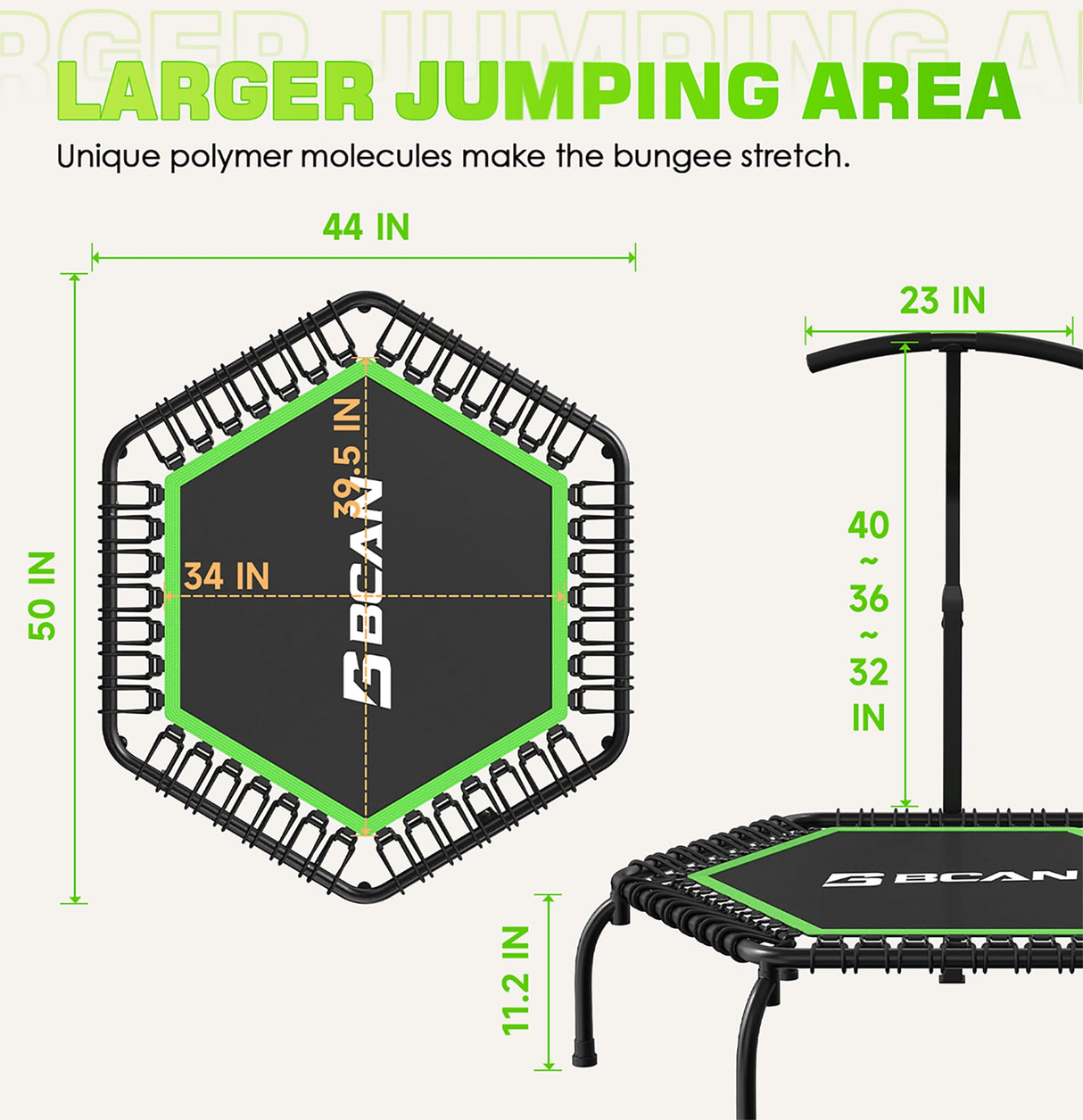 BCAN 48" Mini Trampoline, 550 LBS Fitness Trampoline with T-Adjustable Handle Bar, Bungees, Stable & Quiet Exercise Rebounder for Adults Indoor/Garden Workout-Green BCAN