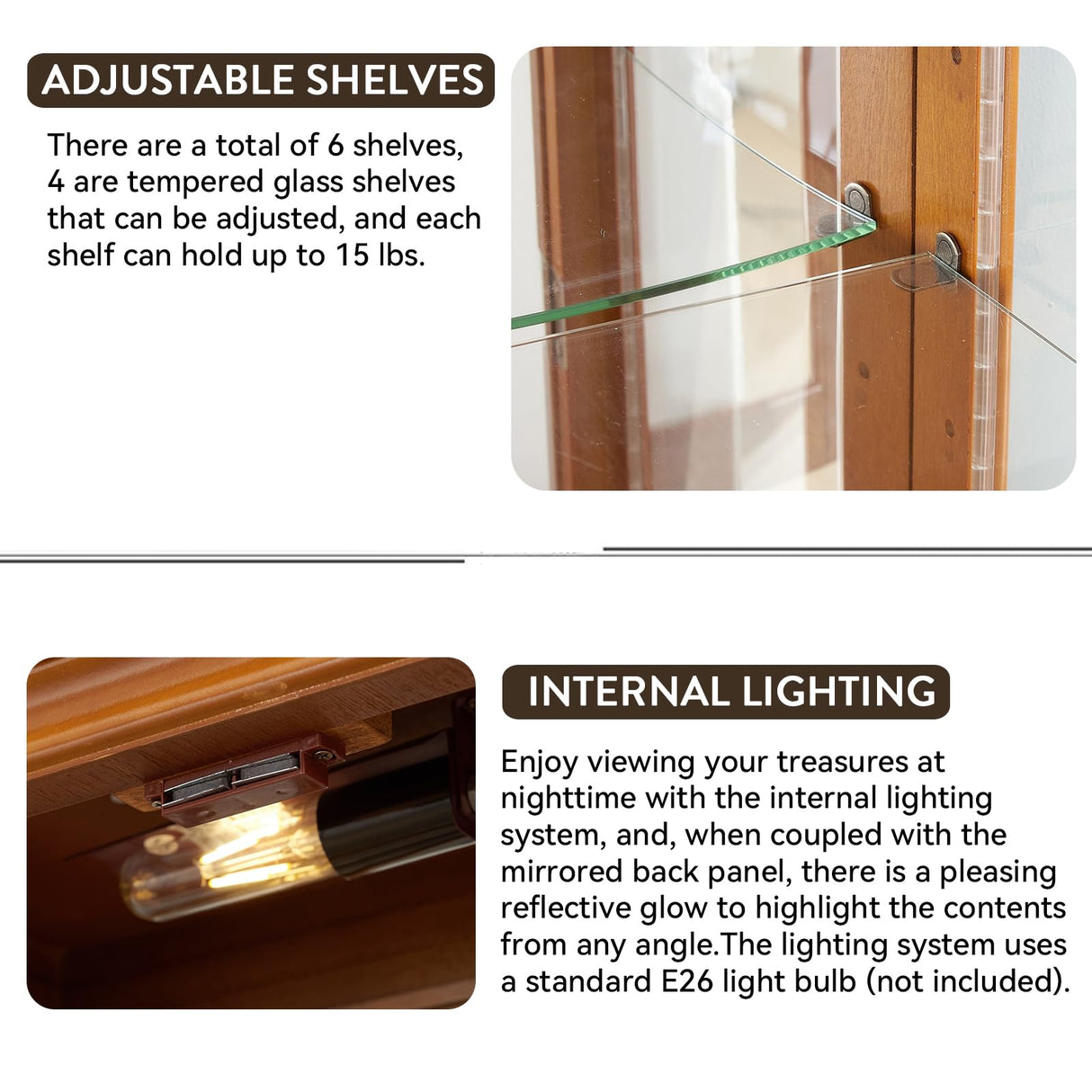 Mcltopz Lighted Curio Cabinet with Tempered Glass Doors, 6 Tiers Curio Diapaly Cabinet with Adjustable Shelves and Mirrored Back Panel, Floor Standing Glass Display Cabinet for Home No Bulb (Oak) Mcltopz