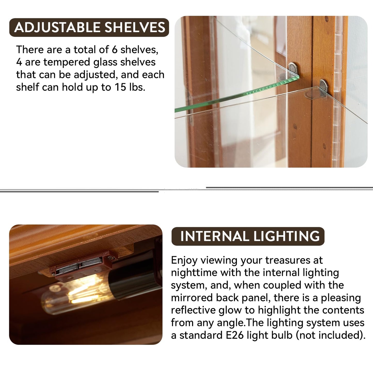 Mcltopz Lighted Curio Cabinet with Tempered Glass Doors, 6 Tiers Curio Diapaly Cabinet with Adjustable Shelves and Mirrored Back Panel, Floor Standing Glass Display Cabinet for Home No Bulb (Oak)