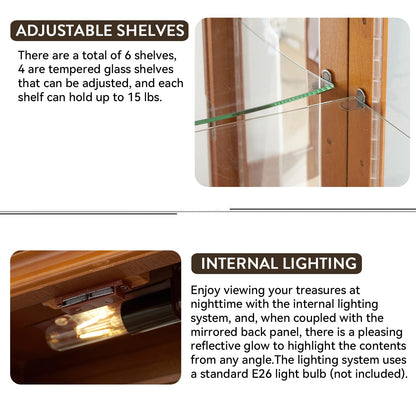 Mcltopz Lighted Curio Cabinet with Tempered Glass Doors, 6 Tiers Curio Diapaly Cabinet with Adjustable Shelves and Mirrored Back Panel, Floor Standing Glass Display Cabinet for Home No Bulb (Oak)