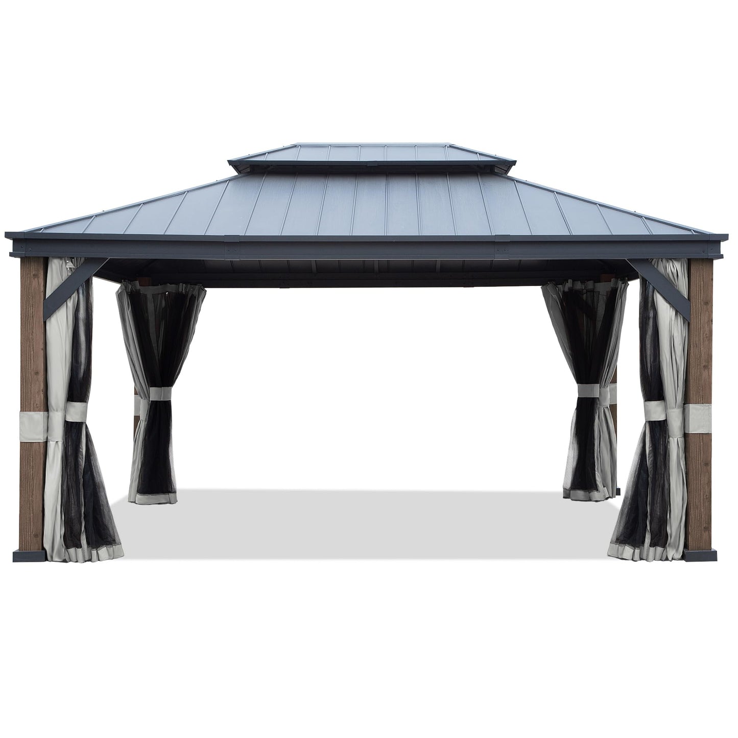 Gardenbee 12x16 ft Wood-Grain Hardtop Gazebo - Outdoor Large Gazebo with Double-Vented Top Rustproof Aluminum Frame, Curtains Included, Suitable for Patio Backyard(Dark Brown Wood Grain) - WoodArtSupply