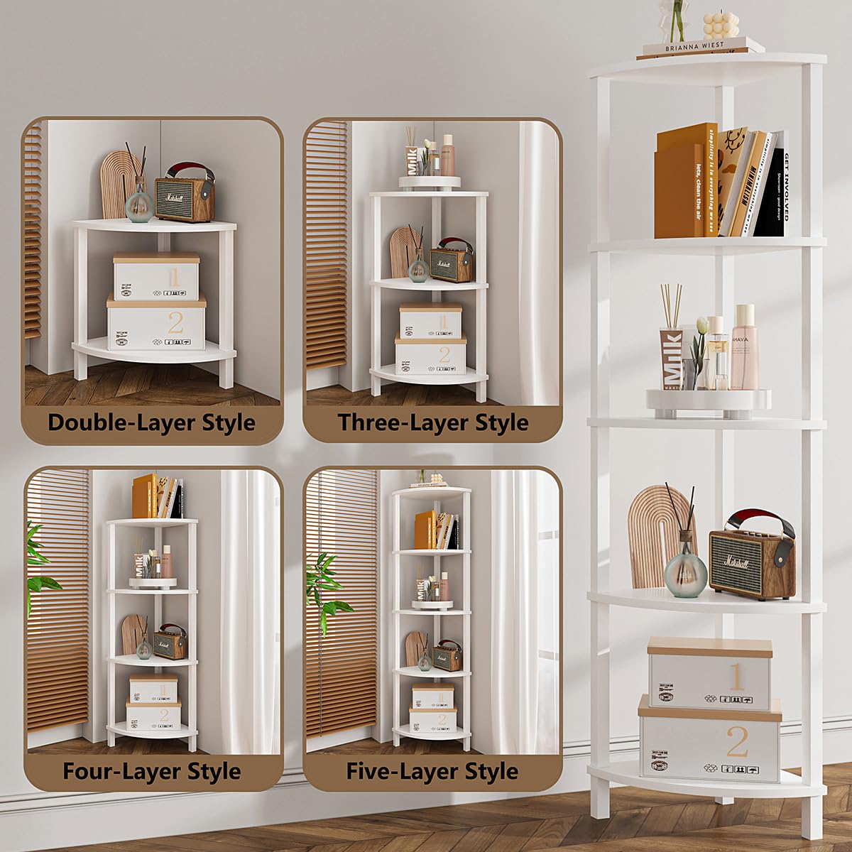 VIMBER Corner Shelf, 5-Tier Corner Bookshelf, Industrial Corner Ladder Shelf, Modern Display Shelf for Living Room, Bedroom, Kitchen, Home Office, White UJSJ001W VIMBER