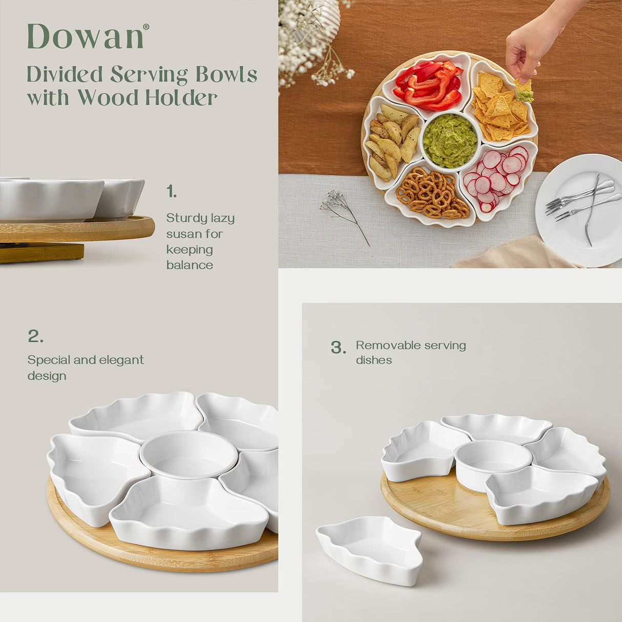 DOWAN 360° Rotatable Serving Tray and Platters, 12 Inch Divided Serving Bowls for Party, Kitchen Decor, Removable Serving Dishes for Chips and Dip, Fruit, Veggies, Candy and Snacks, 7 Pieces, White DOWAN