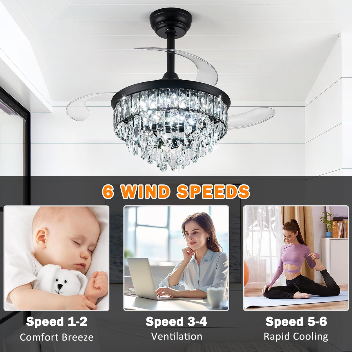 LEONTYNE 36 inch Fandelier Ceiling Fan with Light and Remote LED Dimmable Crystal Ceiling Fan 3 Blades 6 Speeds Invisible Retractable Ceiling Fan for Bedroom Living Room Dining Room (Black) LEONTYNE