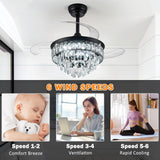 LEONTYNE 36 inch Fandelier Ceiling Fan with Light and Remote LED Dimmable Crystal Ceiling Fan 3 Blades 6 Speeds Invisible Retractable Ceiling Fan for Bedroom Living Room Dining Room (Black) LEONTYNE